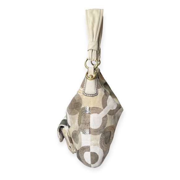 Coach Kristin Signature C Sequin Tan Ivory Khaki Canvas Hobo Tote Shoulder Bag - Picture 5 of 16